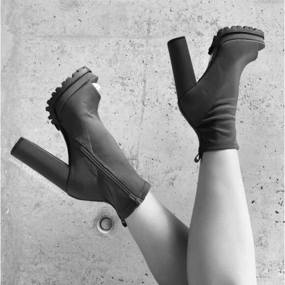 NIB Black Platform Open Toe Chunky Heel Lug Sole Casual Sexy Ankle Boots 10 - Picture 6 of 16